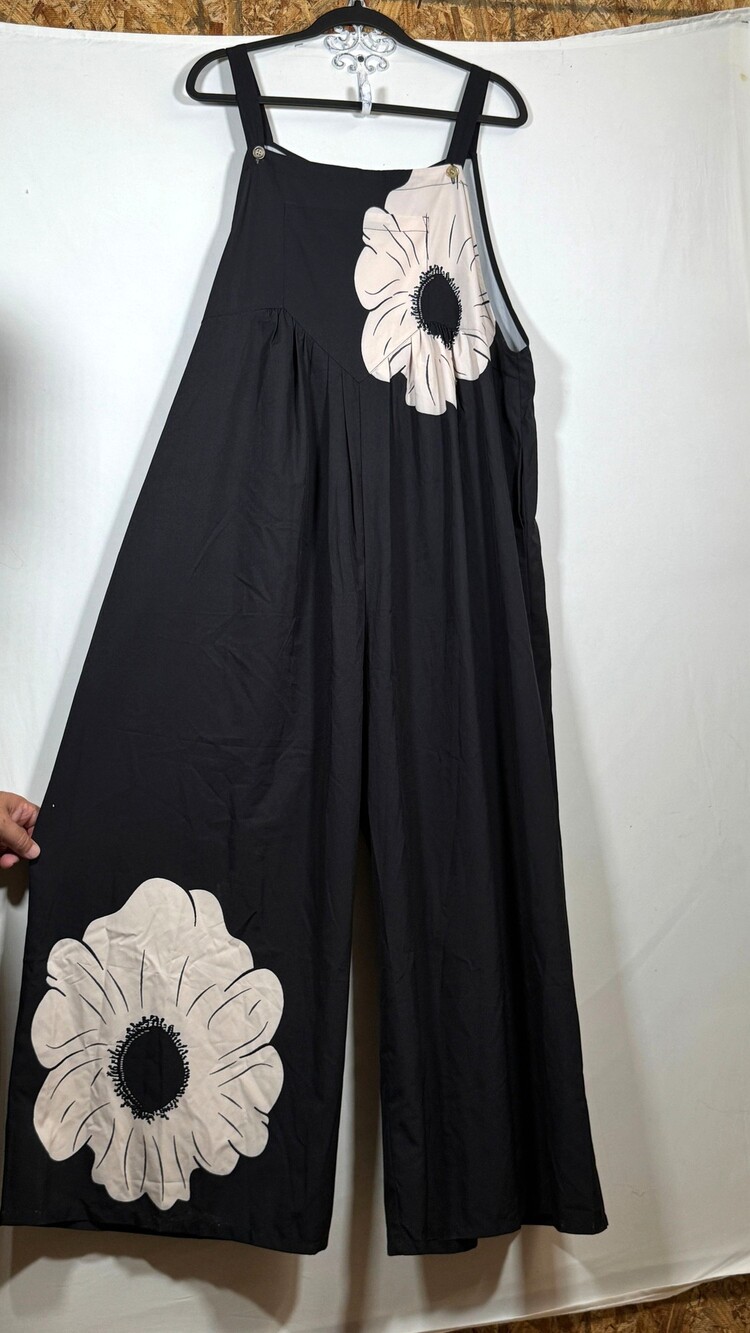 XXL Black Sleeveless Jumpsuit Wide Leg Floral Print